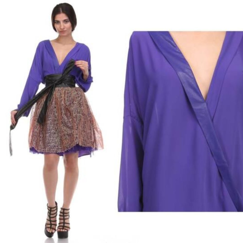 NWOT TOV Purple Faux Leather Trim Cold-Shoulder Wrap Blouse Size 40 (L/XL) - Picture 3 of 7